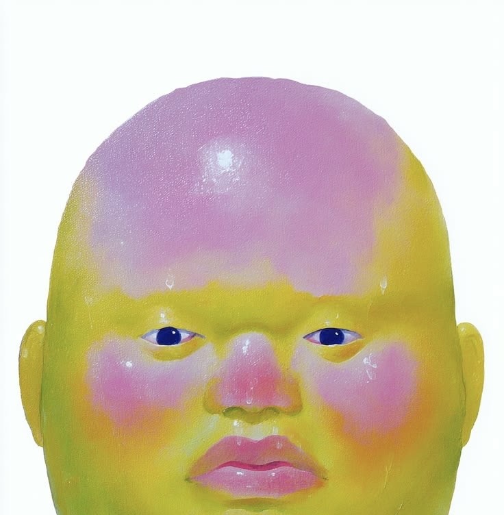 Painted portrait of a bald, round-faced head in yellow and pink